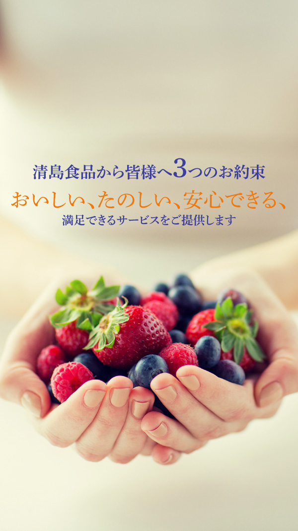 清島食品から皆様へ3つのお約束。おいしい、たのしい、安心できる、満足できるサービスをご提供します。